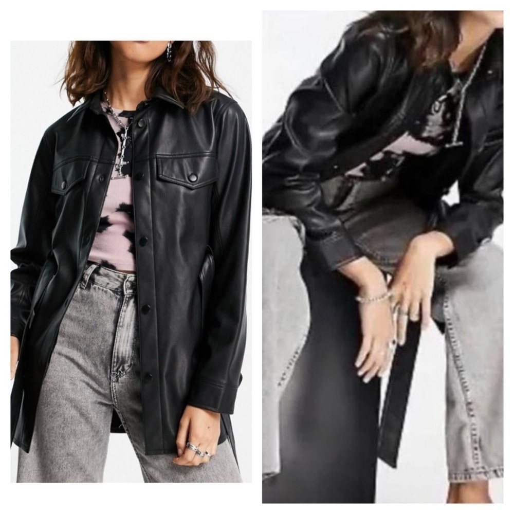Rebecca Minkoff Vegan Leather Black Belted Shirt Shacket Jacket Size M